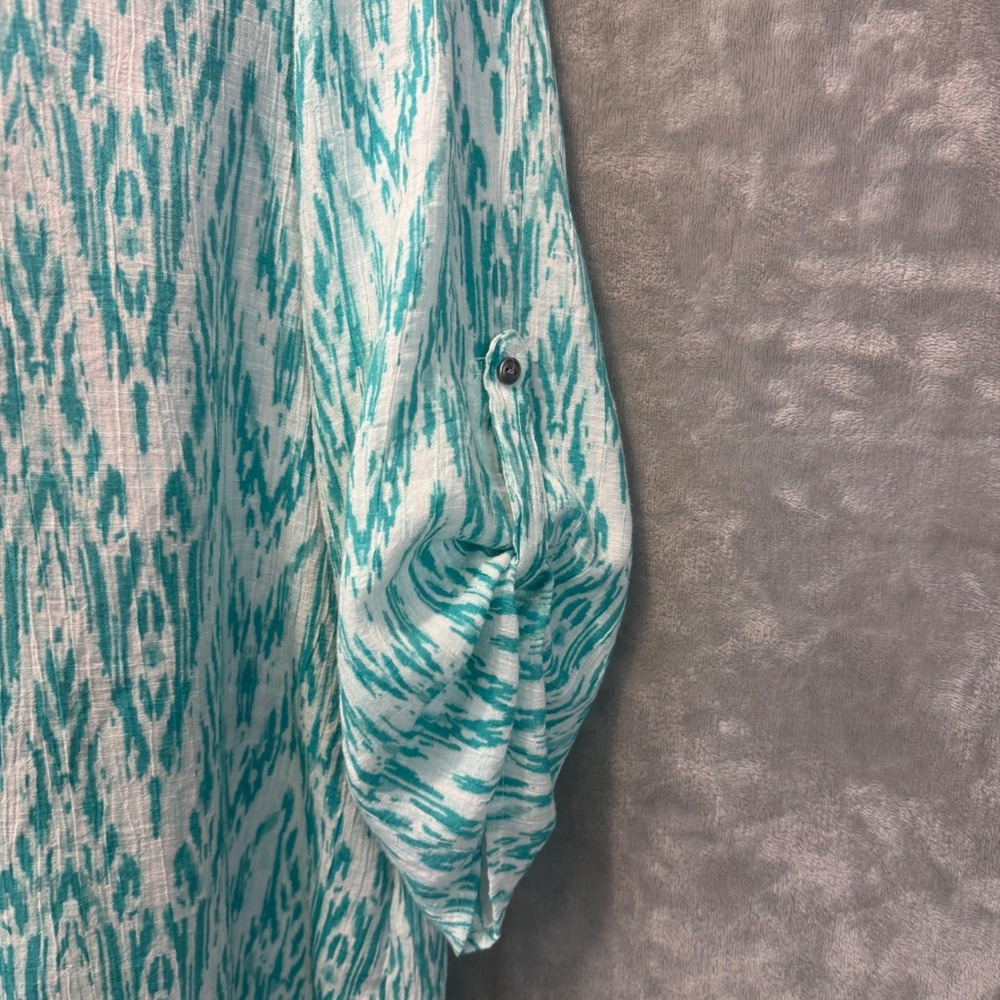 Kim Rogers Curvy Womens 1X Teal White Tunic Blouse Roll Tab 3/4 Sleeve High-Low - Picture 3 of 9